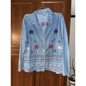 Vtg Nectar Floral Embroidery Country Denim LS Button Up Shirt Jacket XL